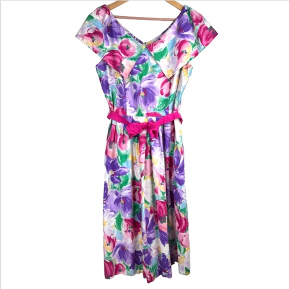 VTG 80s Lanz Floral Dress 10 Bow Easter Tea Party 50s Tradwife Feminine Retro - Picture 1 of 13
